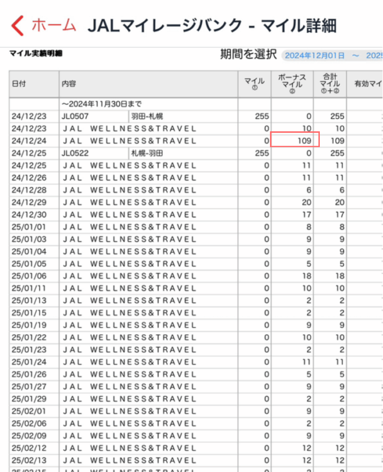 マイル付与履歴